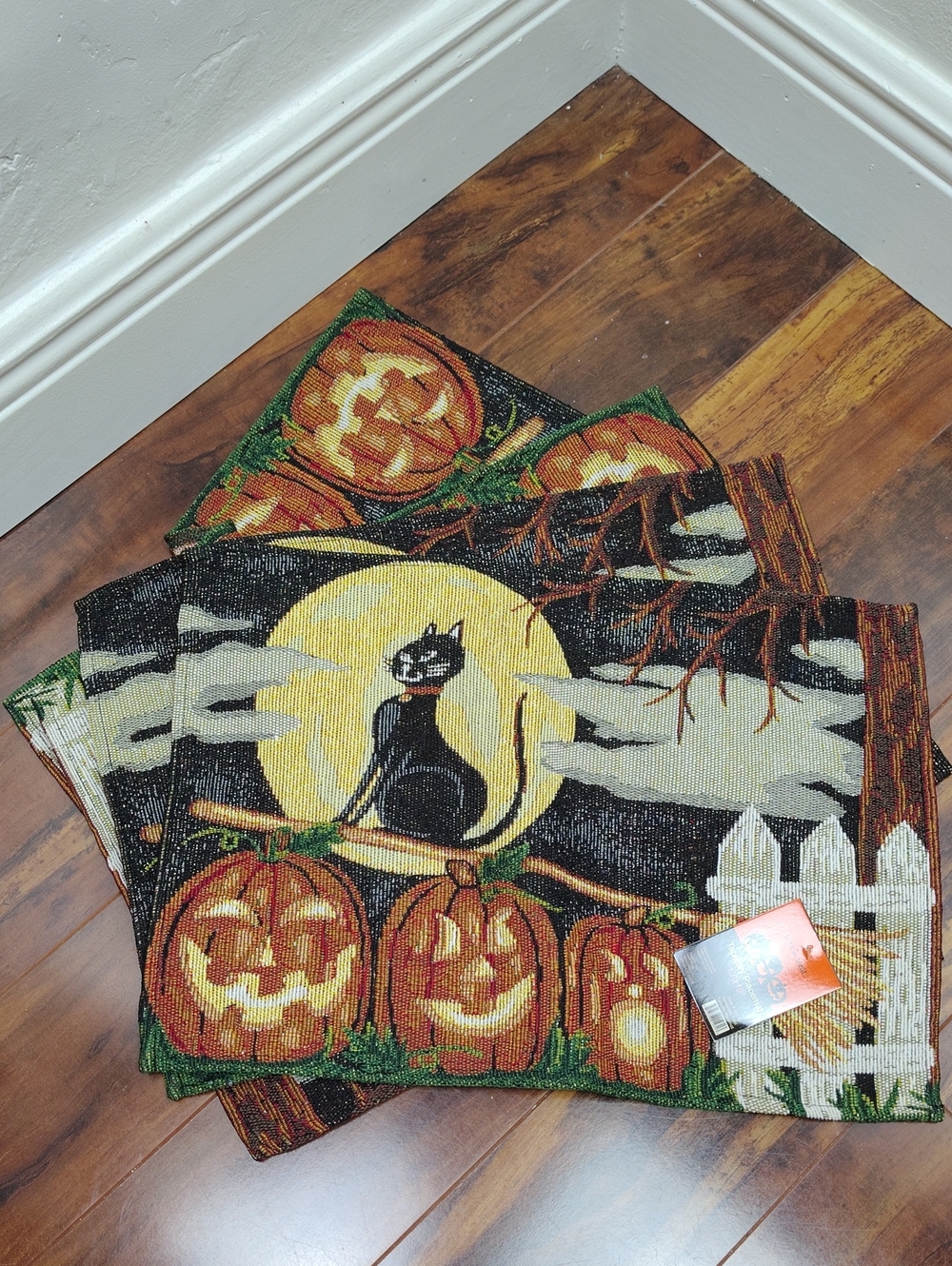 New Set Of 4 Tapestry Halloween Black Cat and Pumpkin Place Mats 13" X 19"